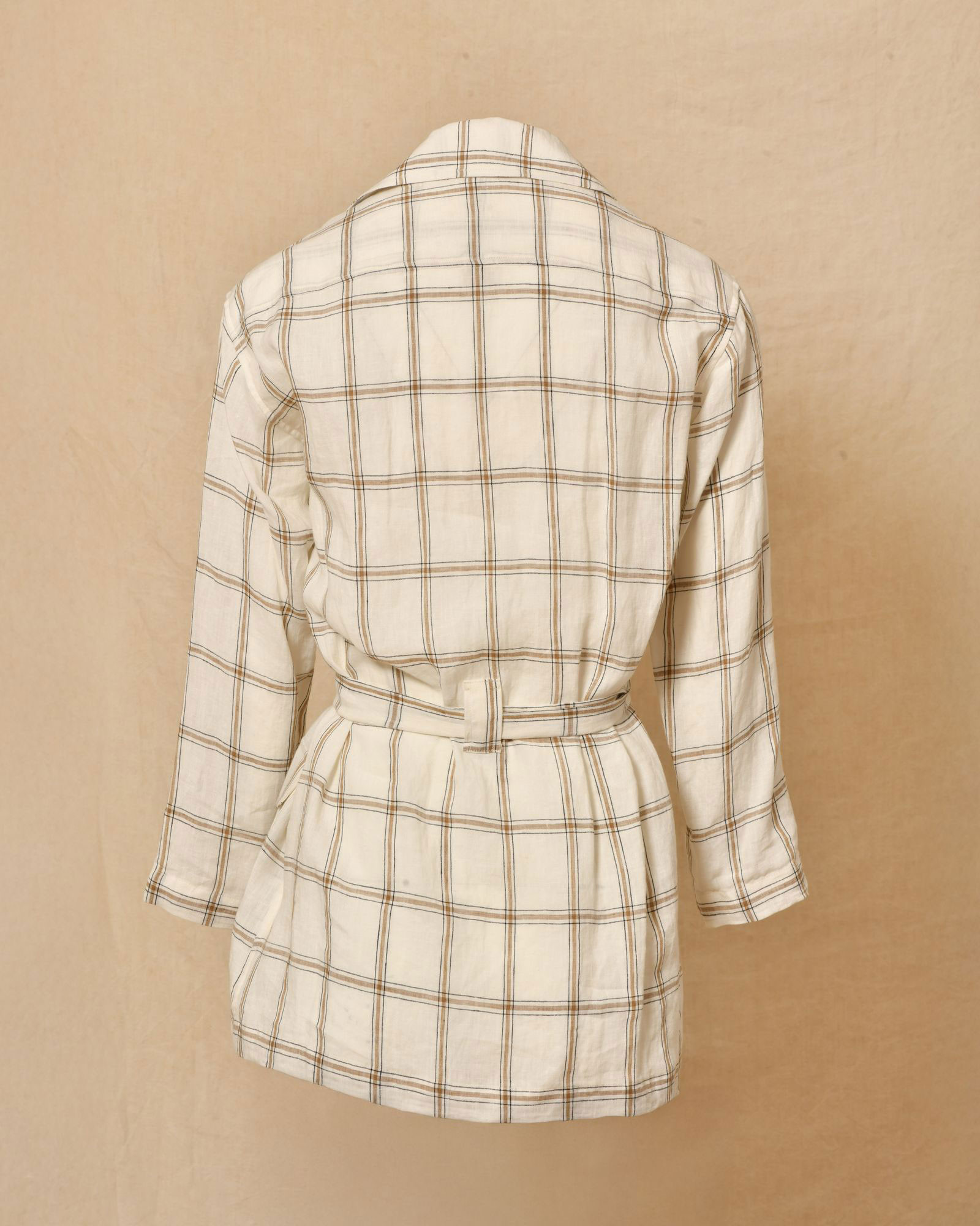 Veste à carreaux ceinturée en lin blanc Diega