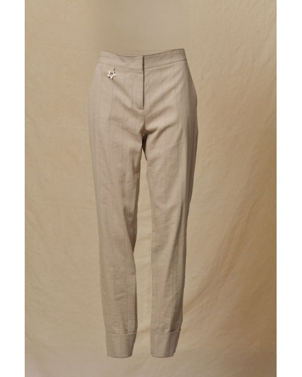 Pantalon en lin beige à rayures bleues Lorena Antoniazzi