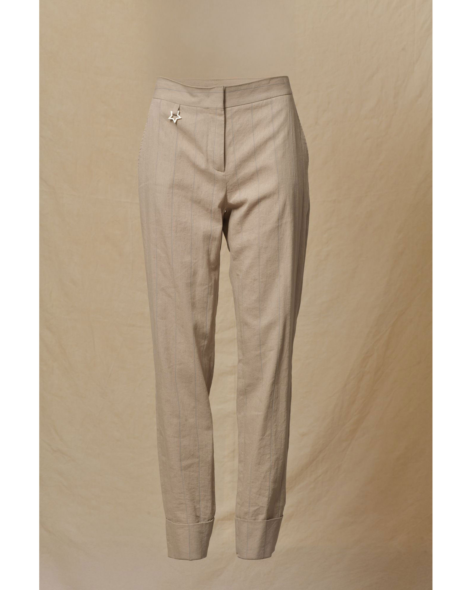 Pantalon en lin beige à rayures bleues Lorena Antoniazzi