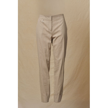 Pantalon en lin beige à rayures bleues Lorena Antoniazzi