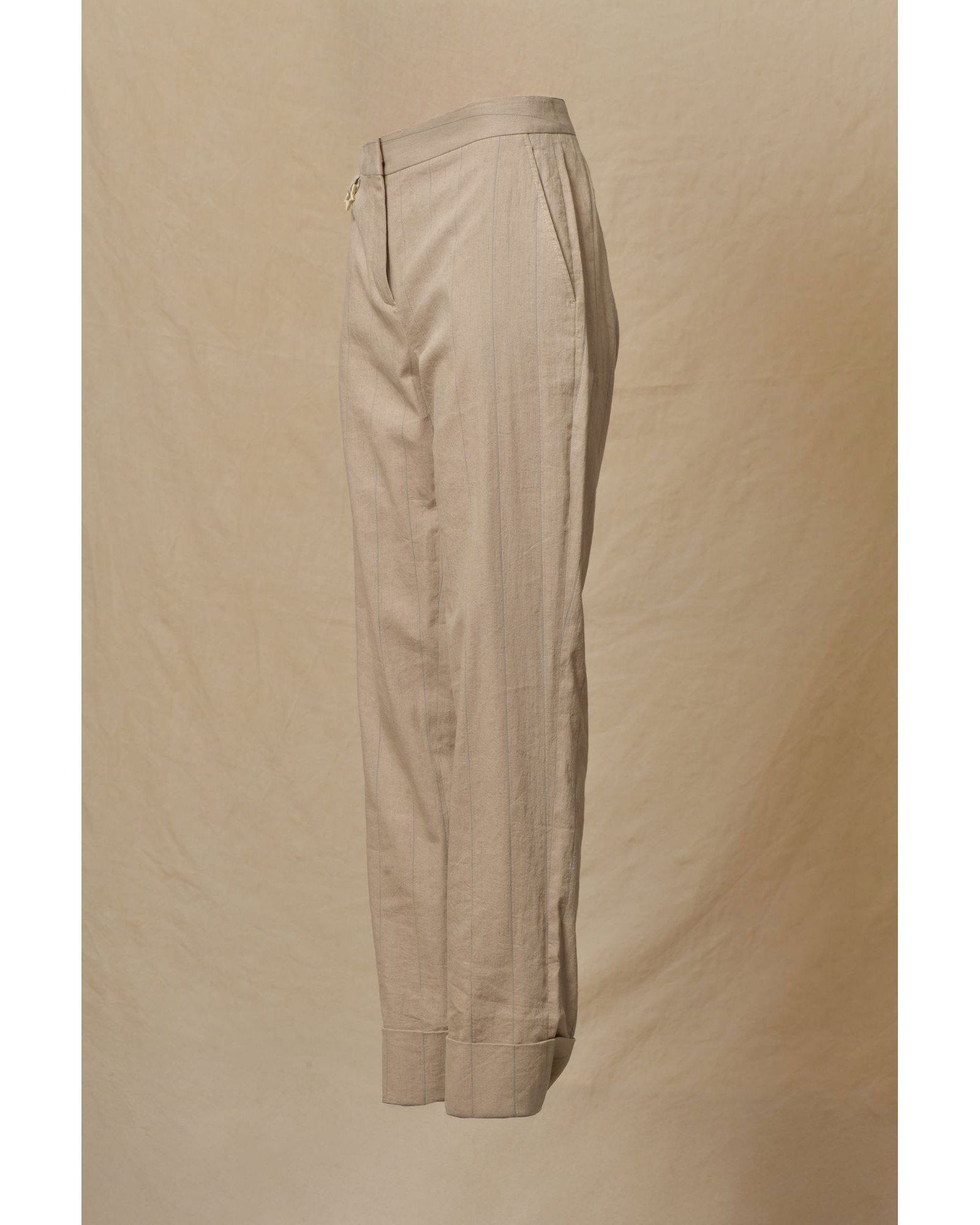 Pantalon en lin beige à rayures bleues Lorena Antoniazzi