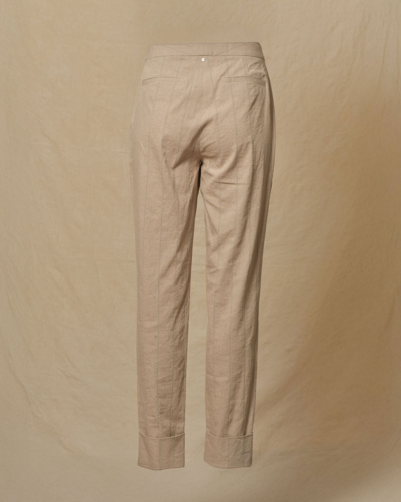Pantalon en lin beige à rayures bleues Lorena Antoniazzi