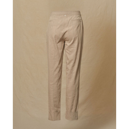 Pantalon en lin beige à rayures bleues Lorena Antoniazzi