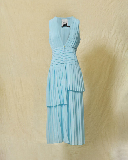 Veste longue bleu ciel plissée à décolleté en V Edward Achour