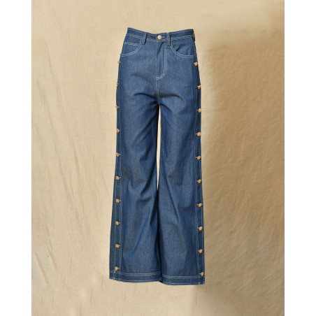 Pantalon denim large avec boutons dorés latéraux Edward Achour