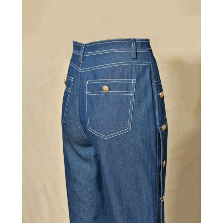 Pantalon denim large avec boutons dorés latéraux Edward Achour