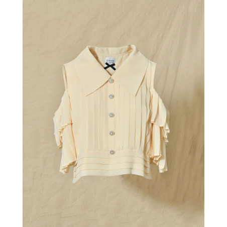 Top à volants et épaules dénudées beige Edward Achour