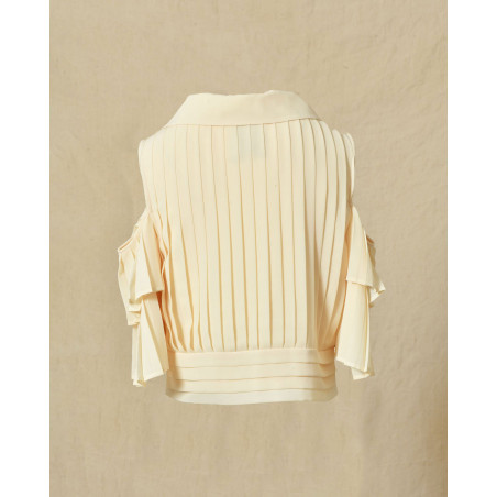 Top à volants et épaules dénudées beige Edward Achour