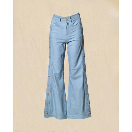 Pantalon denim large avec boutons dorés latéraux Edward Achour
