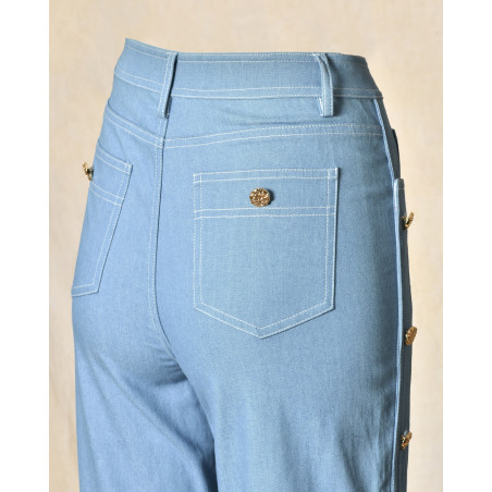 Pantalon denim large avec boutons dorés latéraux Edward Achour