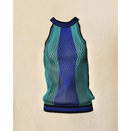 Top col américain en résille bleu Roberto Cavalli