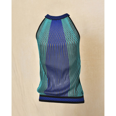 Top col américain en résille bleu Roberto Cavalli