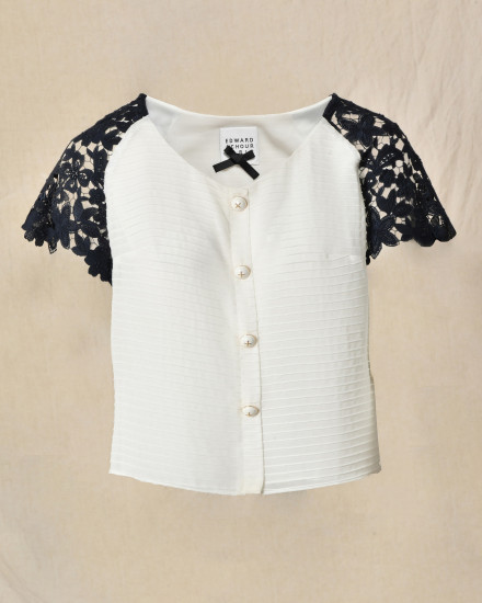 Top blanc à manches dentelle fleuris Edward Achour