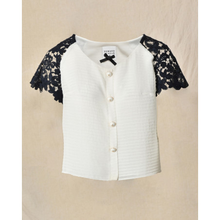 Top blanc à manches dentelle fleuris Edward Achour
