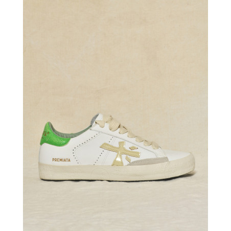 Baskets blanches en cuir à talon vert texturé Premiata