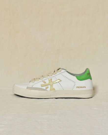 Baskets blanches en cuir à talon vert texturé Premiata