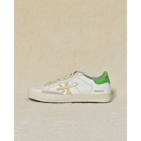 Baskets blanches en cuir à talon vert texturé Premiata