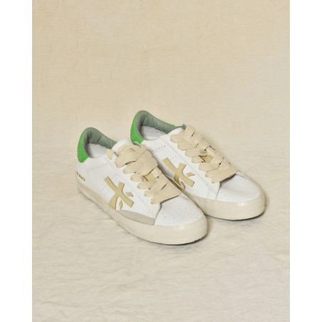 Baskets blanches en cuir à talon vert texturé Premiata