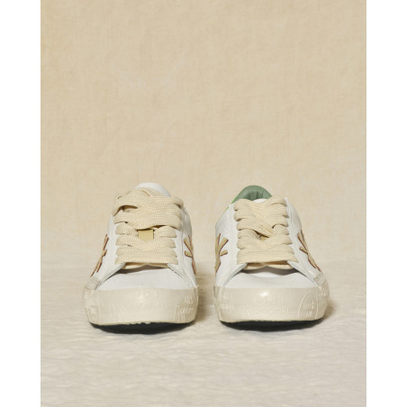 Baskets blanches en cuir à talon vert texturé Premiata