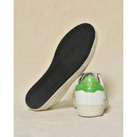 Baskets blanches en cuir à talon vert texturé Premiata