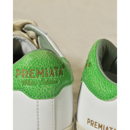 Baskets blanches en cuir à talon vert texturé Premiata