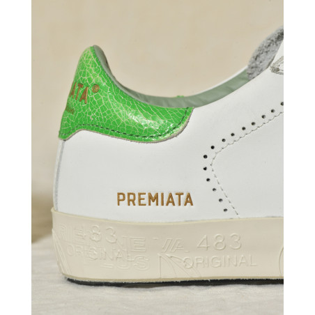 Baskets blanches en cuir à talon vert texturé Premiata