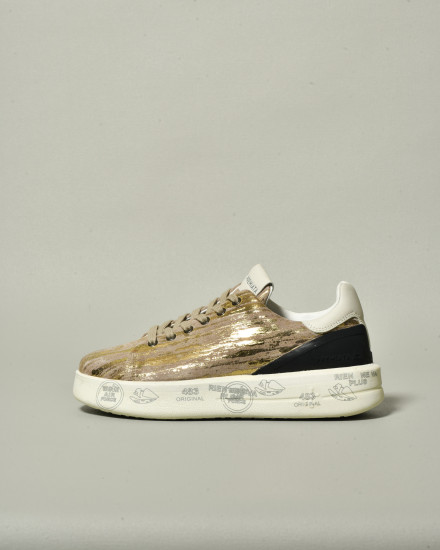 Baskets taupes à effets lamés dorés Premiata