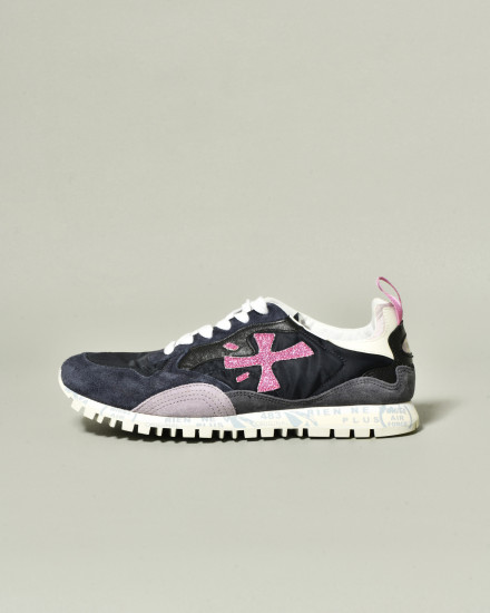 Baskets bleu marine à logo rose pailleté Premiata