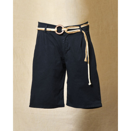 Short bleu à ceinture corde tressée et boucle bois Over-D