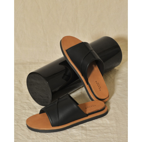 Sandales plates noires en cuir Brador