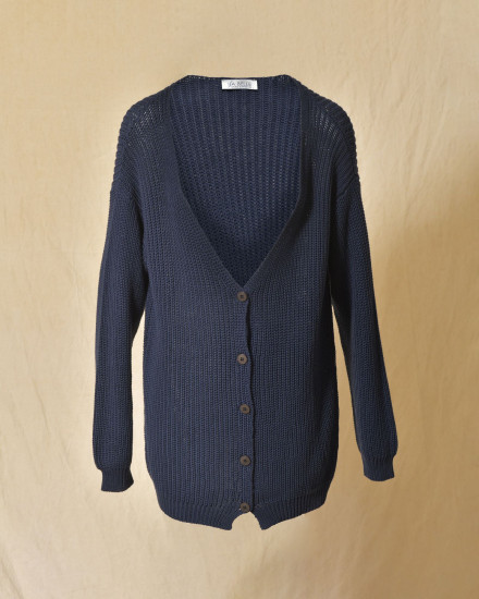 Gilet long maille ajourée bleu marine Emma White