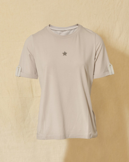 Tee-shirt en coton beige à cristaux Swarovski Lorena Antoniazzi