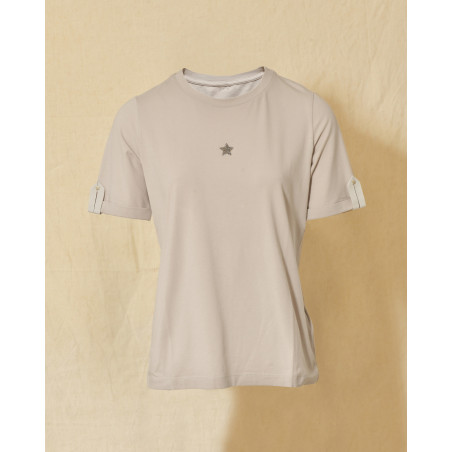 Tee-shirt en coton beige à cristaux Swarovski Lorena Antoniazzi