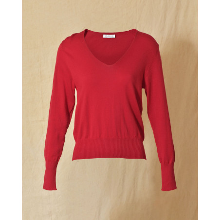 Pull en maille fin rouge col V Emma White