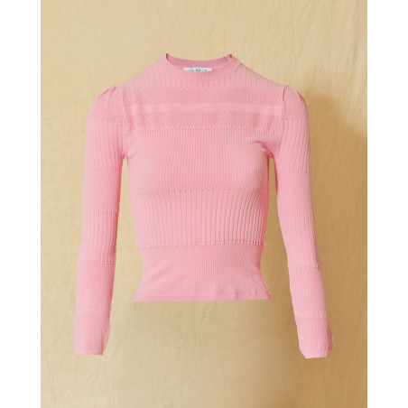 Pull en maille ajourée fin rose Emma White
