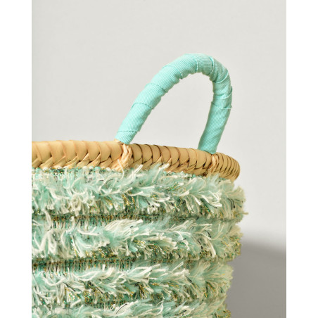 Sac panier en raphia tressé à détails frangés turquoise