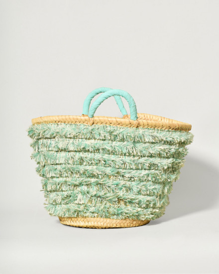 Sac panier en raphia tressé à détails frangés turquoise