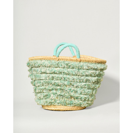 Sac panier en raphia tressé à détails frangés turquoise