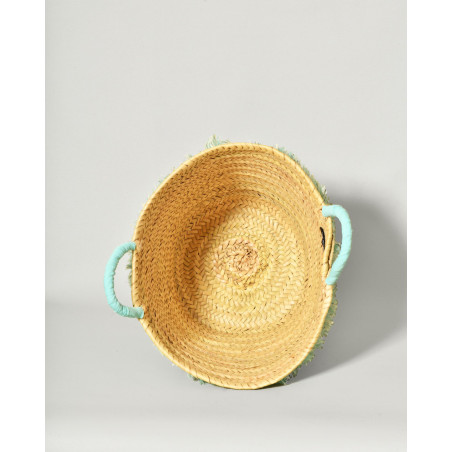 Sac panier en raphia tressé à détails frangés turquoise