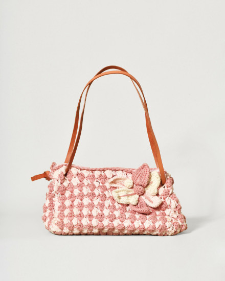 Sac en maille crochet rose à fleur appliquée Caterina Bertini