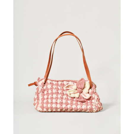 Sac en maille crochet rose à fleur appliquée Caterina Bertini