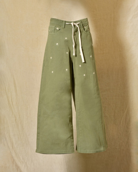 Jean large kaki à broderies marguerite Front Street
