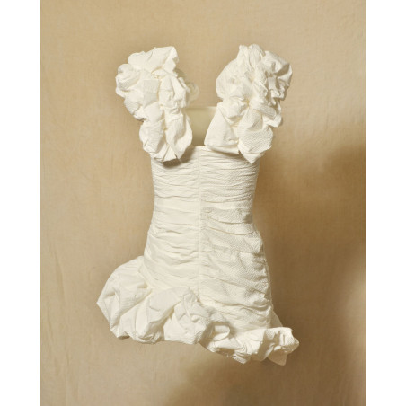 Robe bustier drapée blanche à volants Edward Achour
