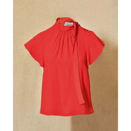 Blouse en crêpe rouge à col lavallière Red Valentino