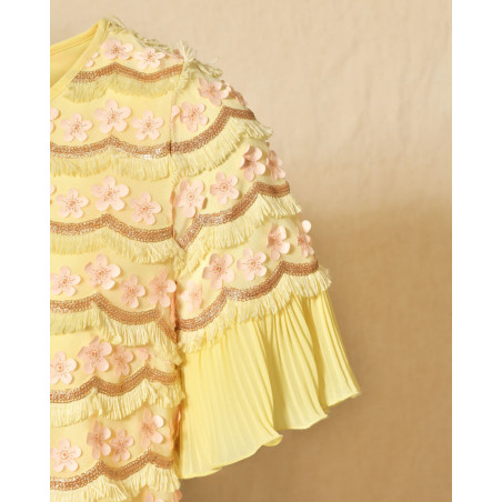 Robe élégante jaune pâle à broderies fleuris Edward Achour