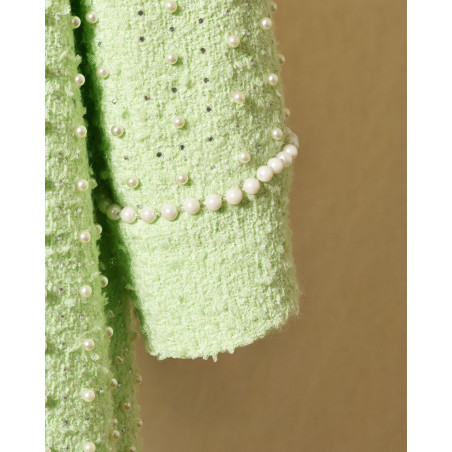 Manteau en tweed vert pastel orné de perles Edward Achour