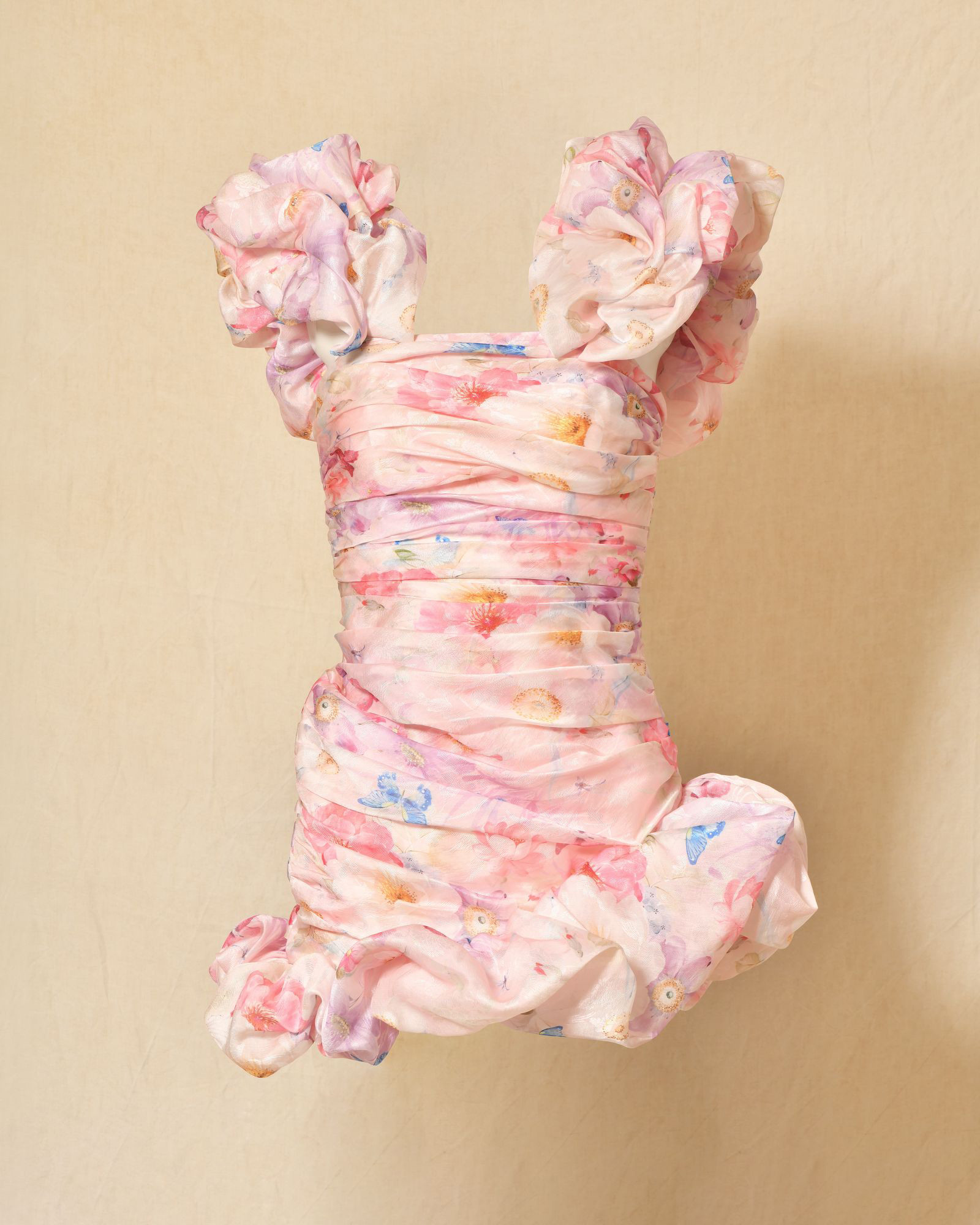 Robe bustier drapée rose à volants Edward Achour