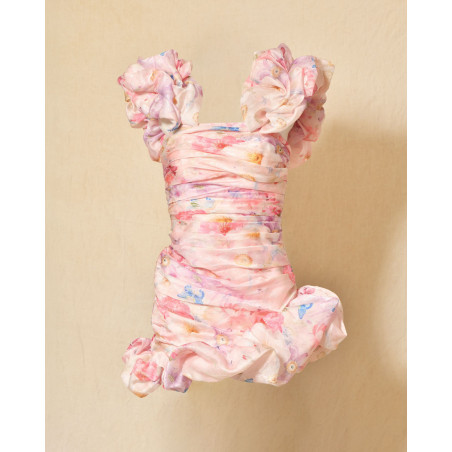 Robe bustier drapée rose à volants Edward Achour