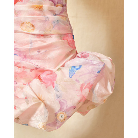 Robe bustier drapée rose à volants Edward Achour