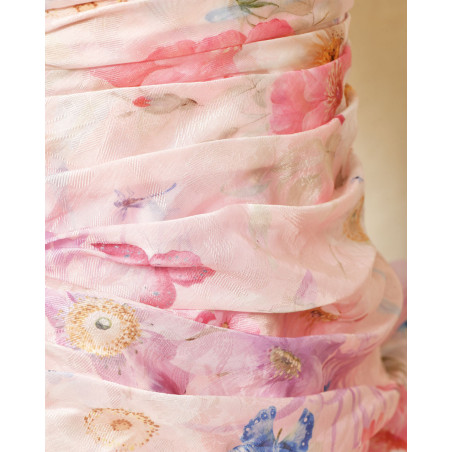 Robe bustier drapée rose à volants Edward Achour